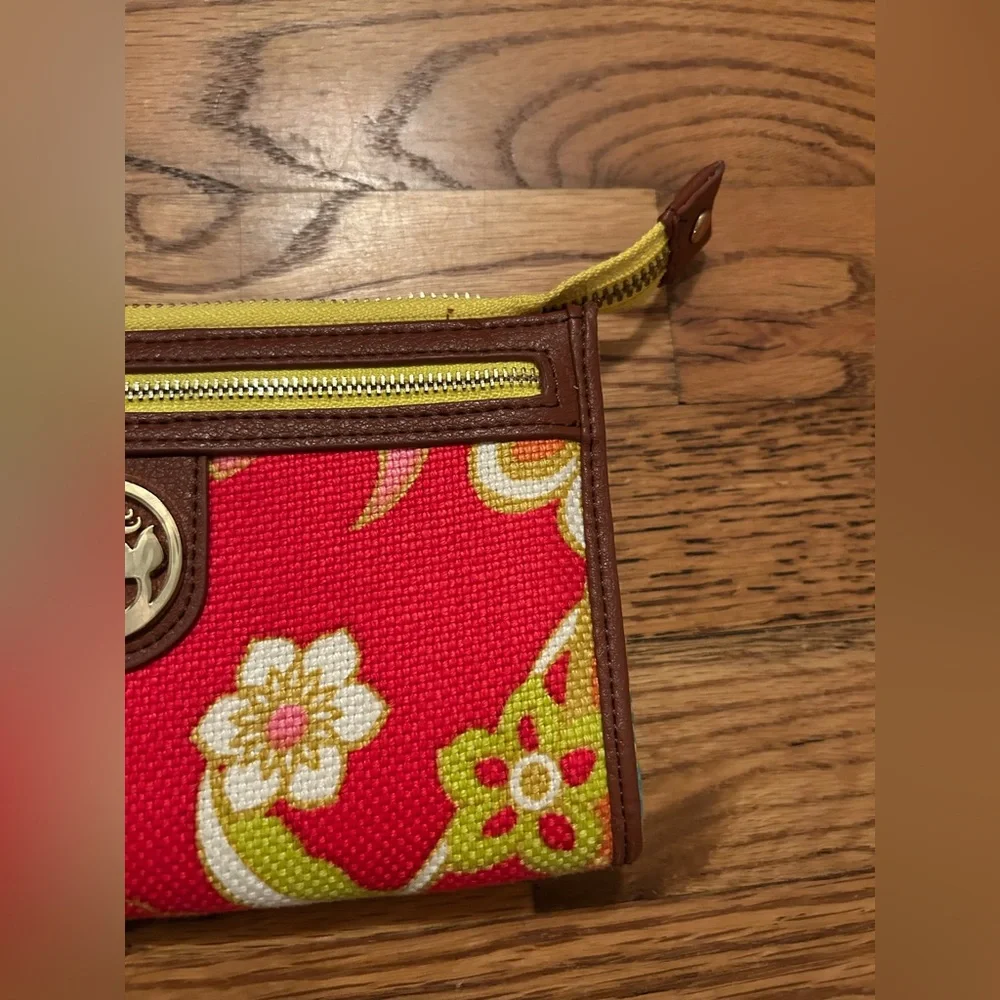 Spartina 449 Women's Red Yellow Linen & Leather Floral Wristlet W/ Gold Accents